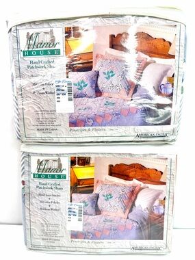 American Pacific Blue Pink Pinstripes & Flowers Floral Patchwork Pillow Shams